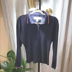 111 State‎ rayon polo navy long sleeve striped collar preppy style sportswear SM